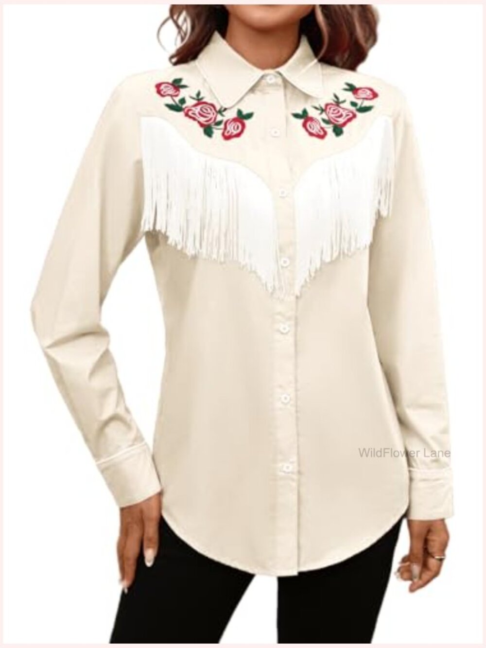 Western Cowgirl Fringe Shirt Long Sleeve Floral Embroidered Snap Collar Boho - Picture 2 of 7